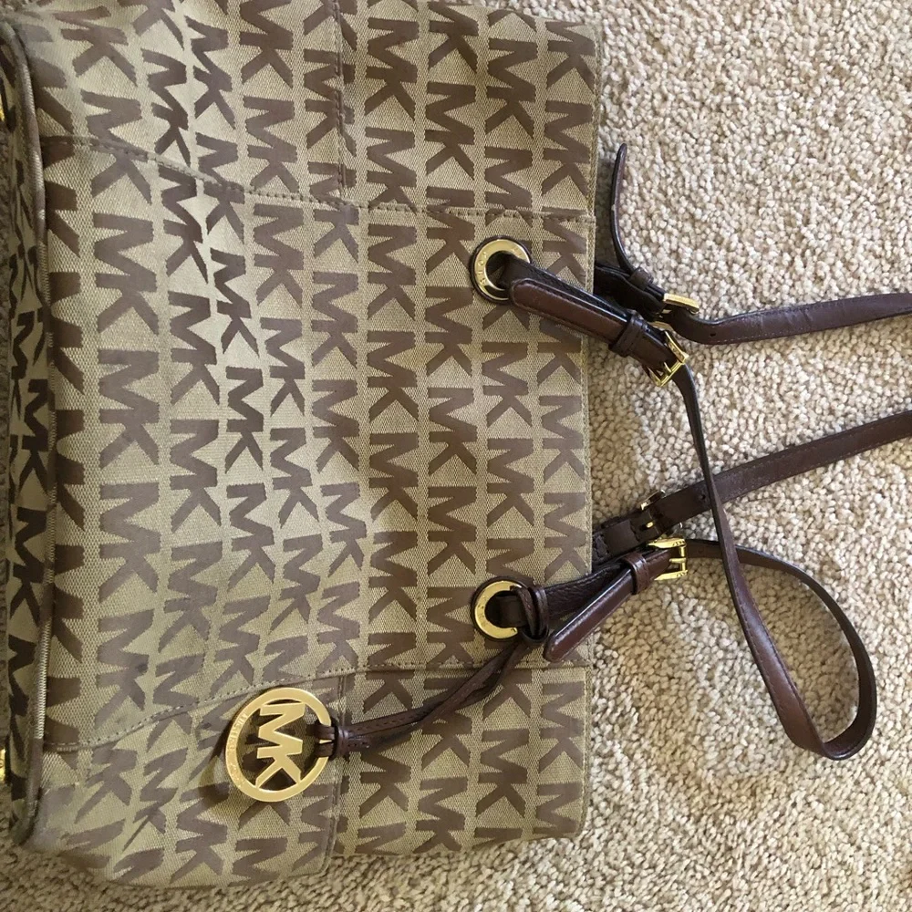 Michael Kors Brown Signature MK Logo Tote with Gold Hardware